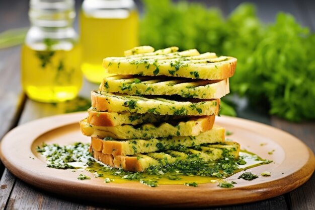 Grilled bread slices stacked with garlic herb butter nearby