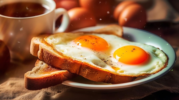 Grilled bread and tomato with an egg on a plate with coffee