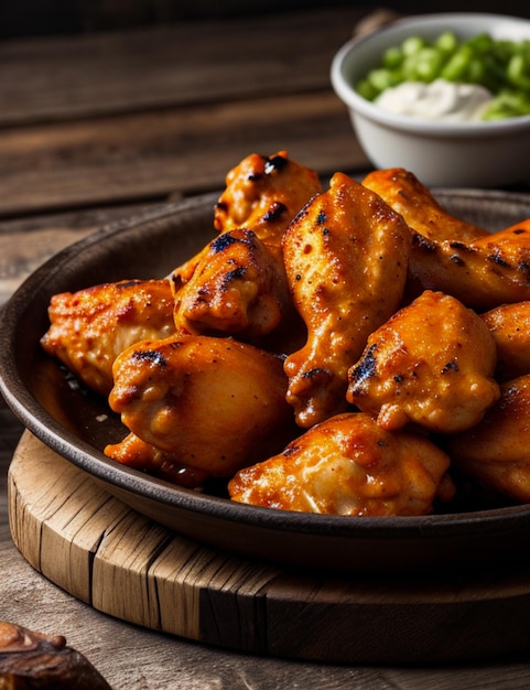 Grilled buffalo chicken wings on rustic wood plate