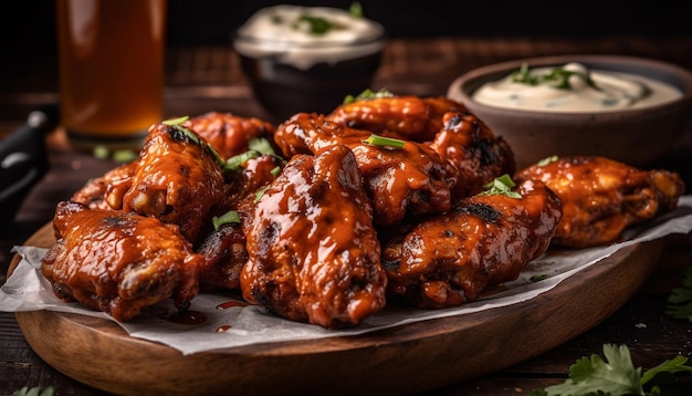 Grilled buffalo chicken wings a spicy gourmet appetizer on wood generated by AI