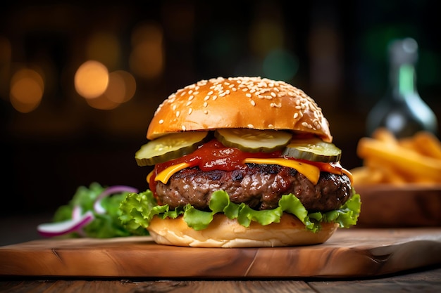 Grilled burger and French fries on a wooden table with a blurred background