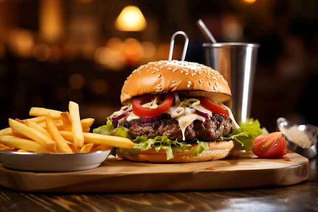 Grilled burger and french fries on a wooden table with a blurred background