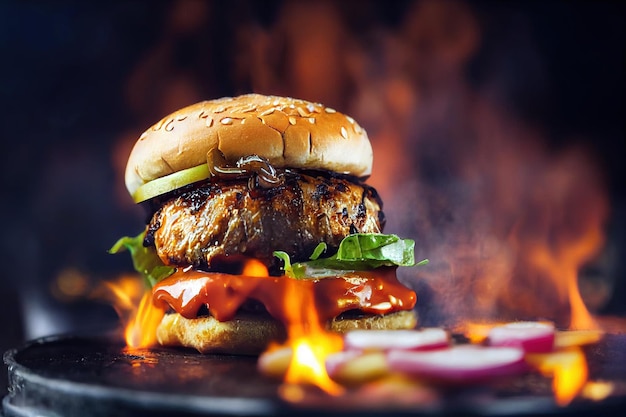 Grilled burger on grill with flame fast food meal with meat and vegetable cooking on grill delicios