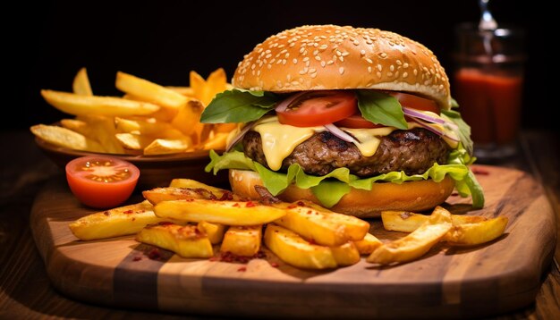 Grilled burger with cheese fries and tomato generated by AI