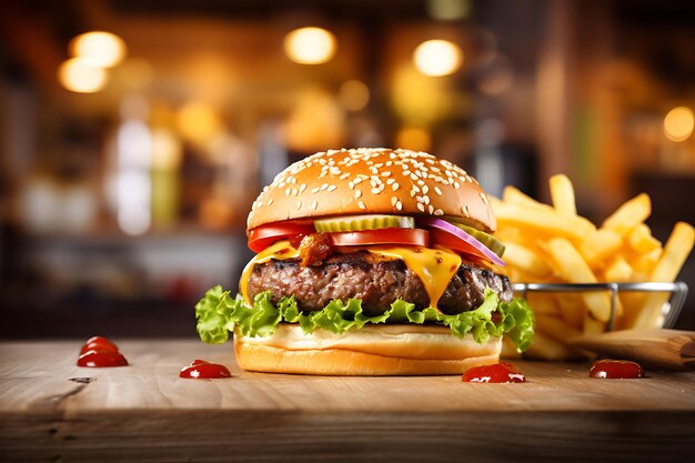 Grilled burger with French fries on a wooden table in the blurred background