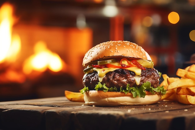 Grilled burger with french fries on a wooden table in the blurred background