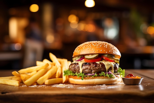 Grilled burger with French fries on a wooden table in the blurred background