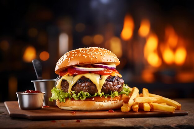 Grilled burger with French fries on a wooden table in the blurred background