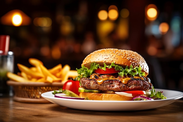 Grilled burger with French fries on a wooden table in the blurred background