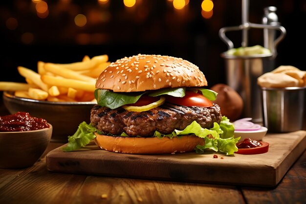 Grilled burger with French fries on a wooden table in the blurred background