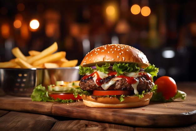 Grilled burger with French fries on a wooden table in the blurred background