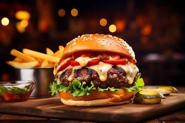 Grilled burger with french fries on a wooden table in the blurred background