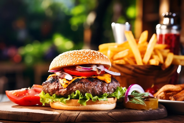 Grilled burger with French fries on a wooden table in the blurred background