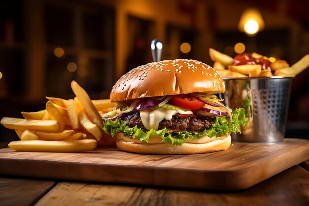 Grilled burger with French fries on a wooden table in the blurred background