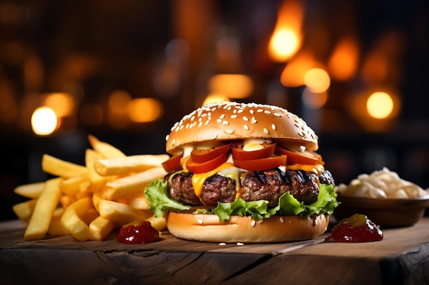 Grilled burger with French fries on a wooden table in the blurred background