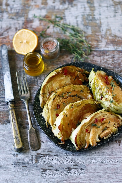 Grilled cabbage slices with aromatic herbs