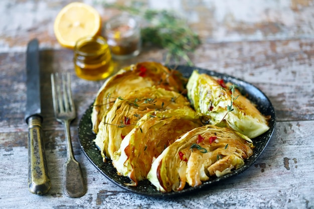 Grilled cabbage slices with aromatic herbs