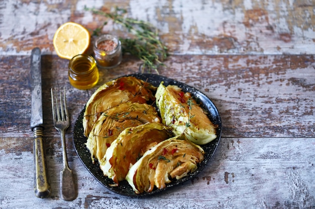 Grilled cabbage slices with aromatic herbs