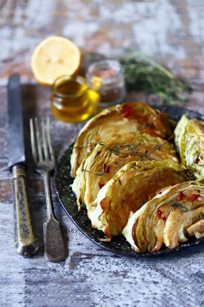 Grilled cabbage slices with aromatic herbs