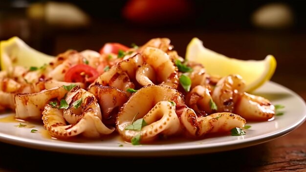 Foto calamari alla griglia nel ristorante con olio d'oliva salsa al limone ed erbe aromatiche generato ai