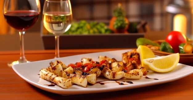 Grilled calamari in restaurant with olive oil lemon sause and herbs Generated AI