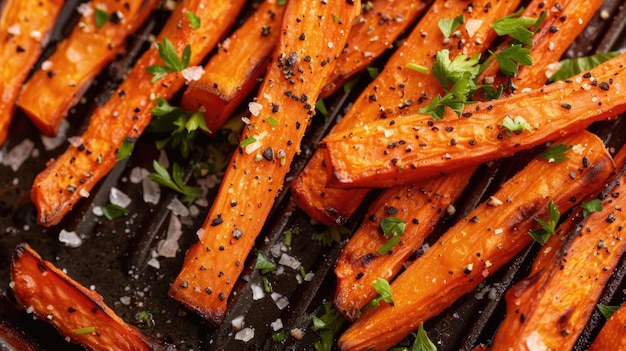 Grilled carrot sticks with herbs and spices on a grill pan
