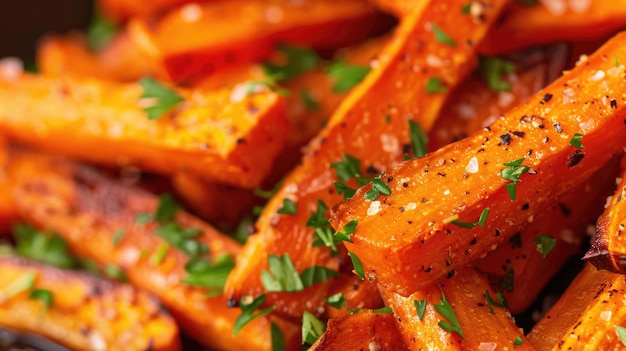 Grilled carrot sticks with herbs and spices on a grill pan