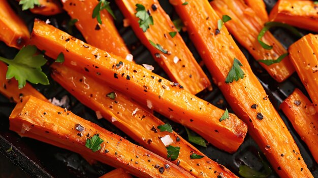 Grilled carrot sticks with herbs and spices on a grill pan