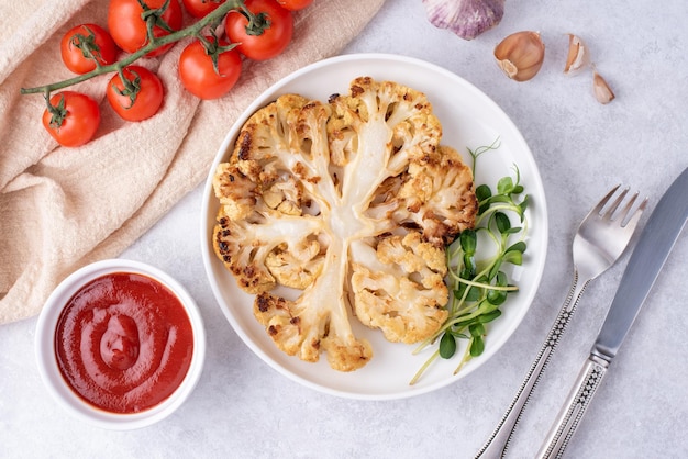 Grilled cauliflower steak, healthy vegetarian lunch.