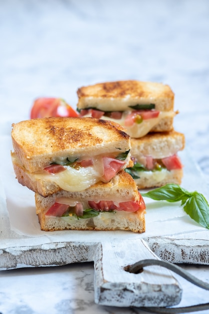 grilled cheese caprese panini with tomato, mozzarella and basil