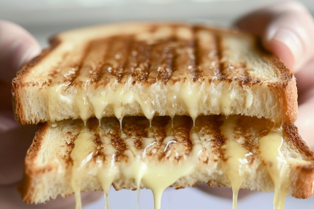 A grilled cheese sandwich being pulled apart with melted cheese gooey and stretchy