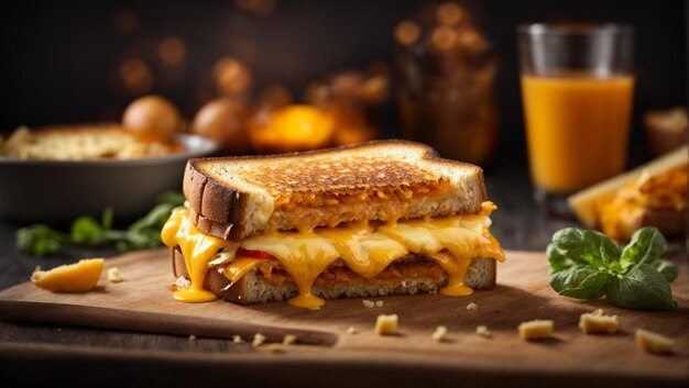 Grilled Cheese sandwich with a crisp buttery exterior and gooey cheese center cinematic food photo