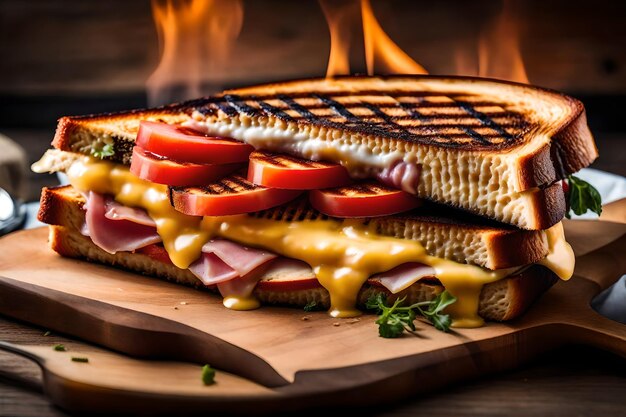 Photo grilled cheese sandwich with ham and tomato