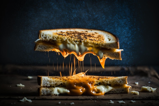 A grilled cheese sandwich with melted cheese being lifted up into the air.