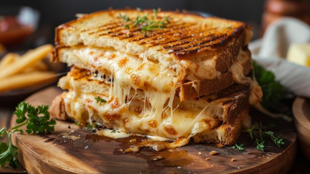 a grilled cheese sandwich on a wooden plate