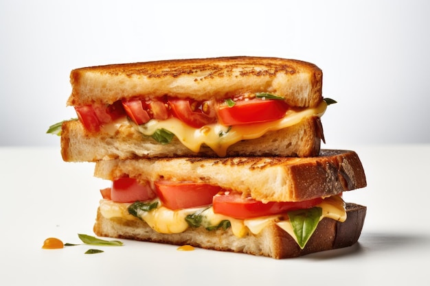 Grilled cheese and tomato sandwich on plain surface