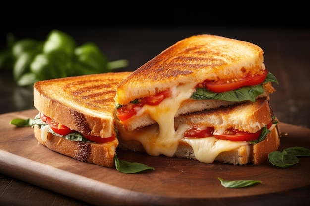 Grilled cheese and tomato sandwich on plain surface