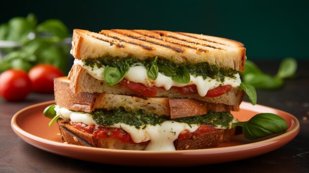 A grilled cheese and tomato sandwich on a plate