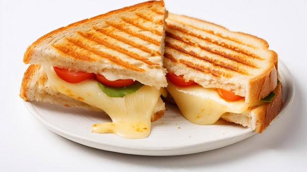 grilled cheese and tomato sandwich on white background