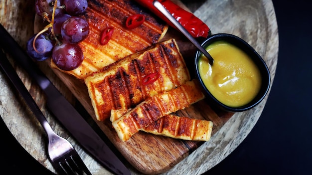 Grilled cheese with chili pepper on a wooden board