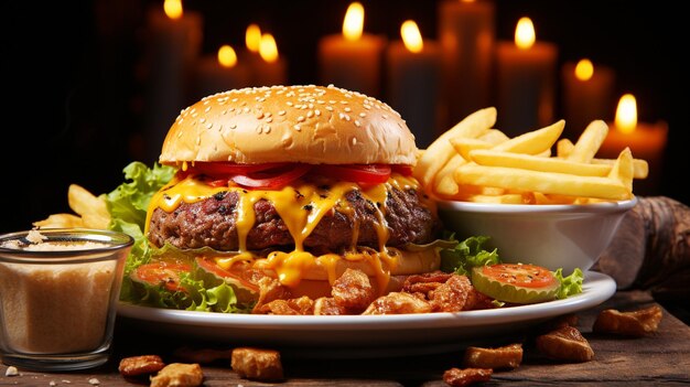 Grilled cheeseburger and fries on rustic wooden table American culture