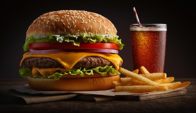 Grilled cheeseburger meal with fries and cola refreshment generative AI