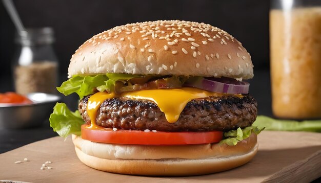 Grilled cheeseburger sesame bun ready to eat tasty appetizing