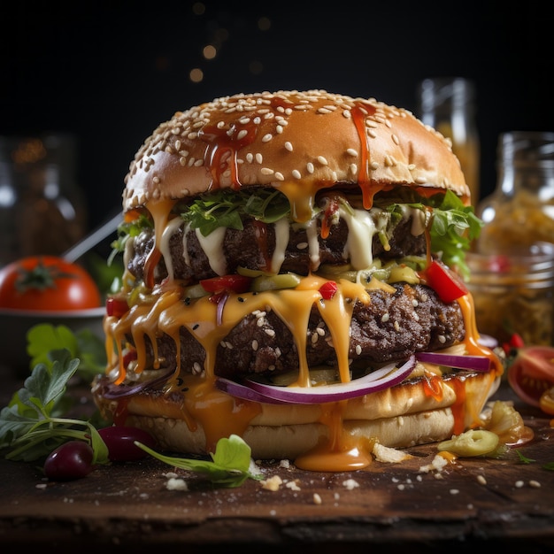 Grilled cheeseburger on sesame bun with fresh toppings