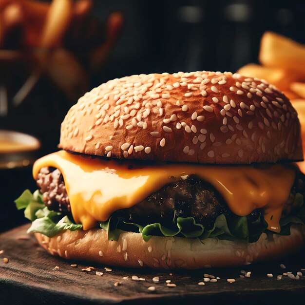 Grilled cheeseburger on sesame bun with fries