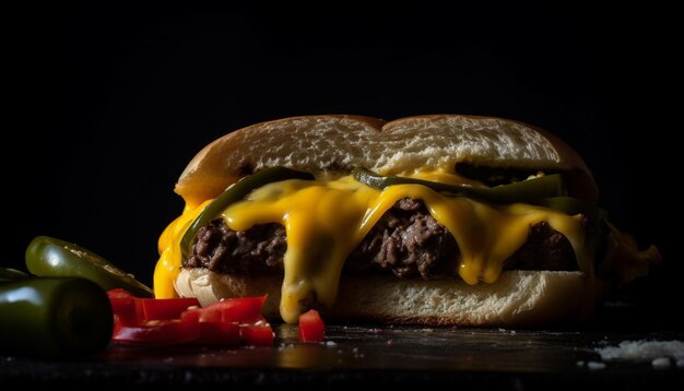 Grilled cheeseburger with tomato onion and fresh bun on plate generated by artificial intelligence