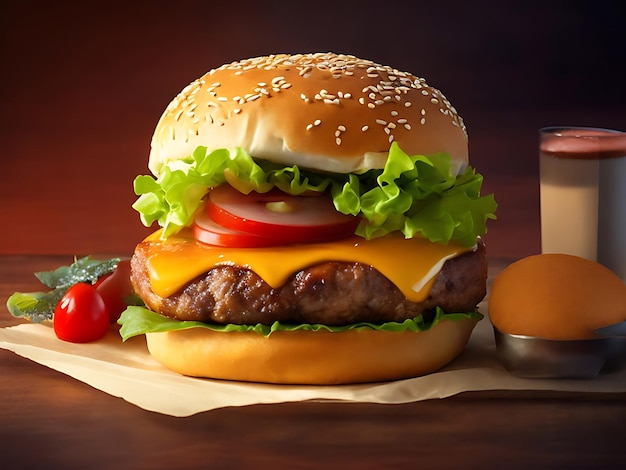 Foto cheeseburger alla griglia con cipolla di pomodoro e patatine ai generated