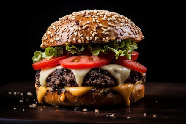 Grilled cheeseburger with tomato on sesame bun