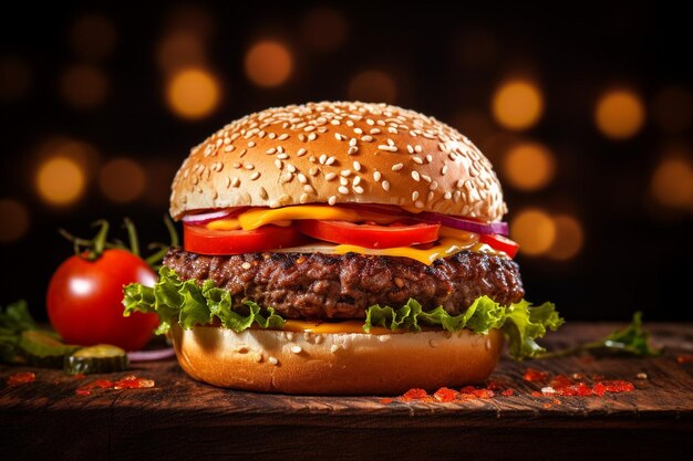 Foto cheeseburger alla griglia con pomodoro su panino al sesamo