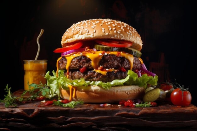 Grilled cheeseburger with vegetables on wooden table Perfect burger with cheese tomatoes and salad